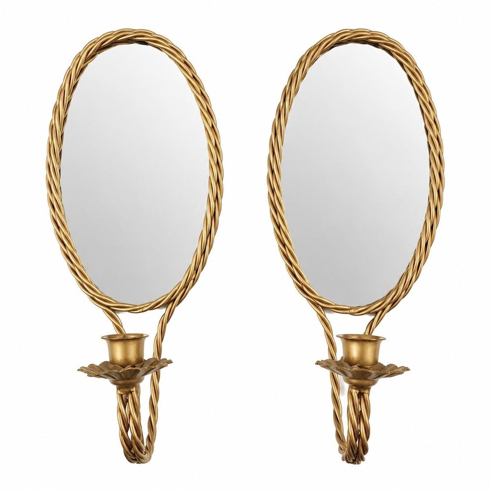 VNTG Homco Twisted Gold Rope Metal Wall Sconce Candle Holder Regency Mirror Set
